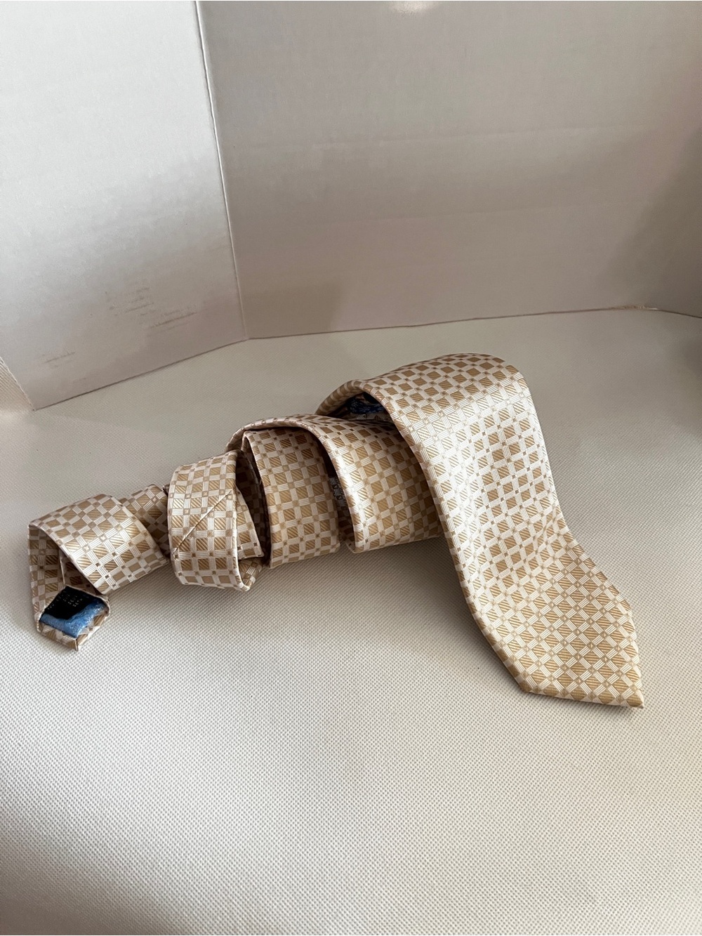 Antonia Collection Tie With Matching Pocket Square Cream Checks Print  60" X 3"